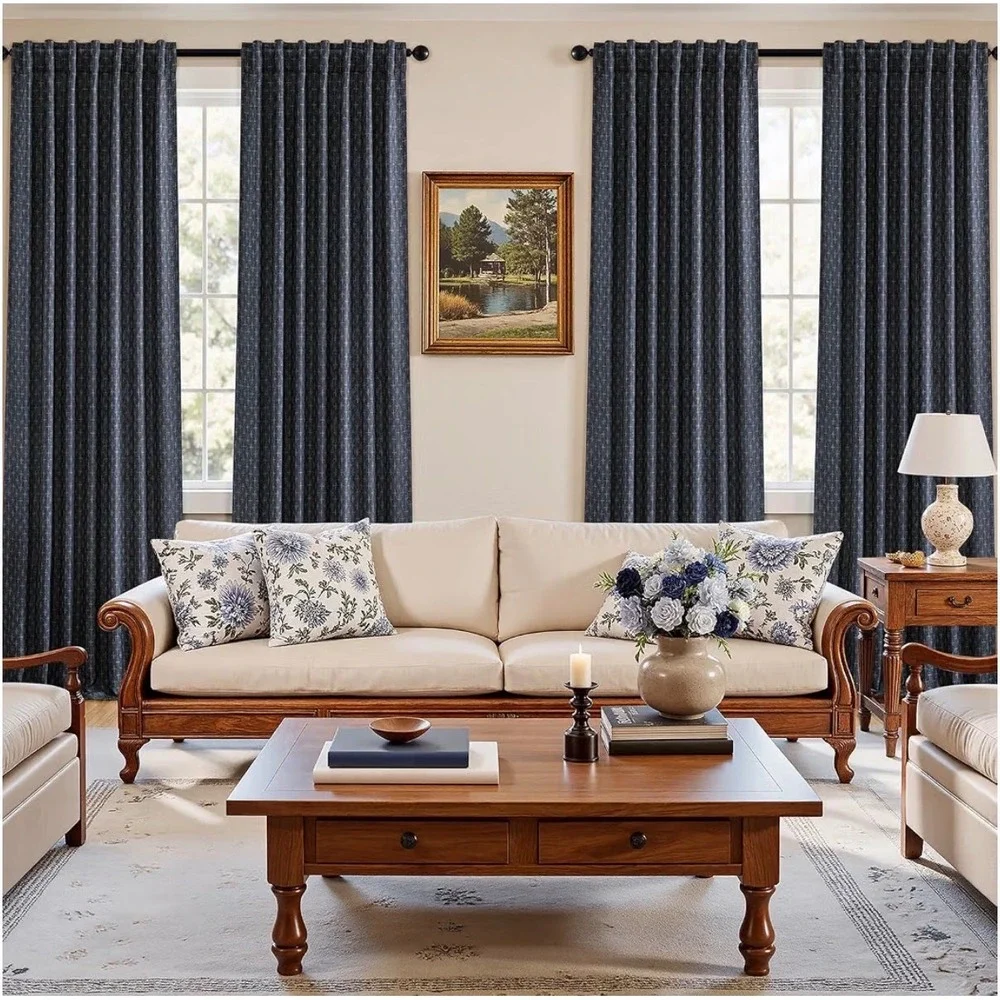 MIULEE 100% Blackout Linen Curtains Geometric Pattern Farmhouse Drapes Navy Blue